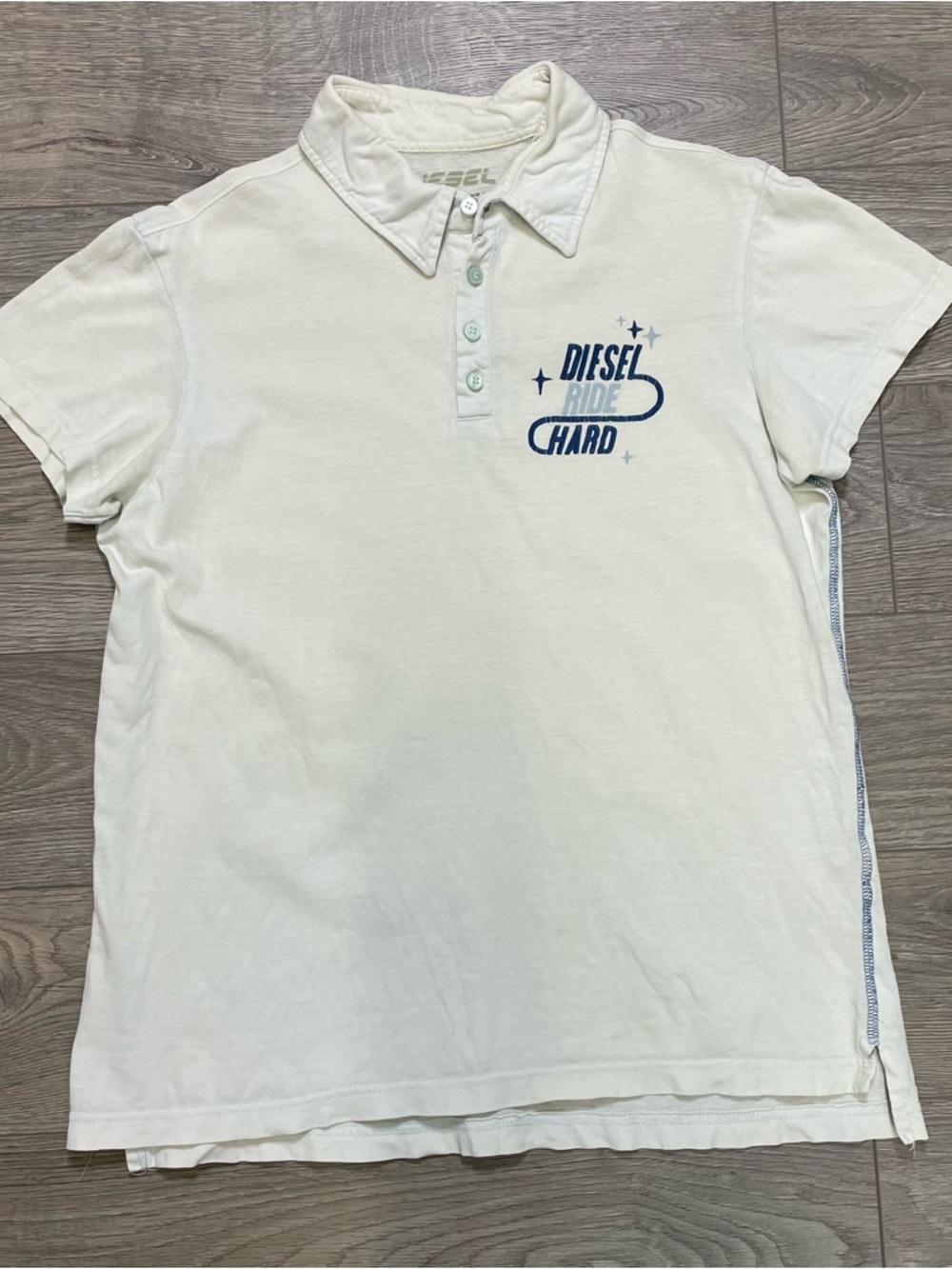 Vintage Diesel‎ "Ride Hard" Graphic Polo Shirt Off-White Cream Y2K Style